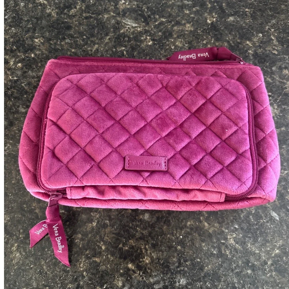 Vera Bradley Magenta Pink Quilted Velvet Cosmetic Bag Travel Organizer Pouch